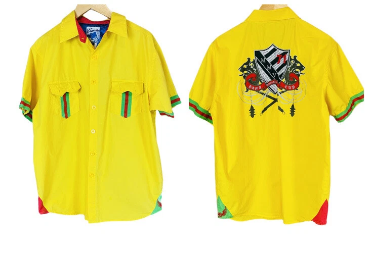 HAMA MENS BUTTON DOWN YELLOW W/MULTI COLORS EMBROIDERED SHORT SLEEVE SLEEVE LRGE - Image 2 of 4