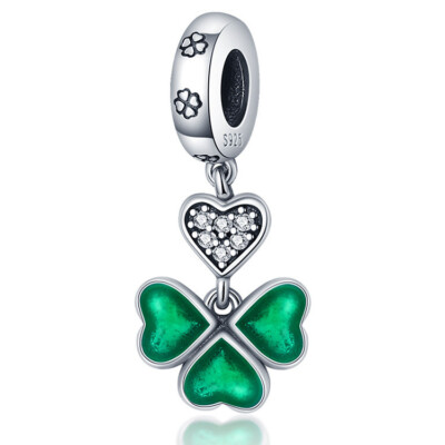 Kristall Herz grün hängen Kleeblatt Charm Sterlingsilber 925 Glücksperle