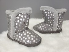 NEW Sz 3 Girls Flower Silver Gray Metallic Flower Faux-Fur Slipper Winter Boot