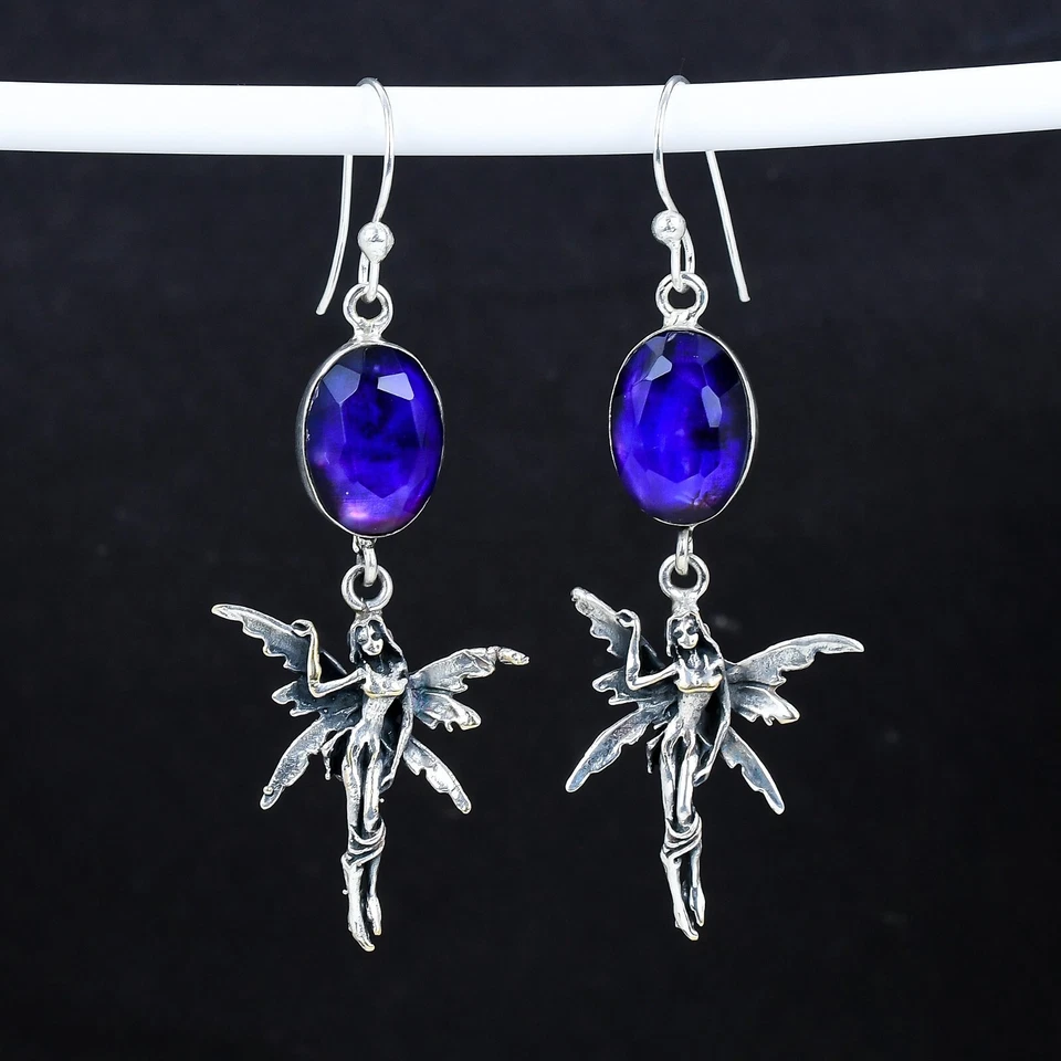 Zaffiro Blu Orecchini Creato IN Laboratorio Gemma 925 Argento Gioielli Per Amore - Immagine 4 di 4