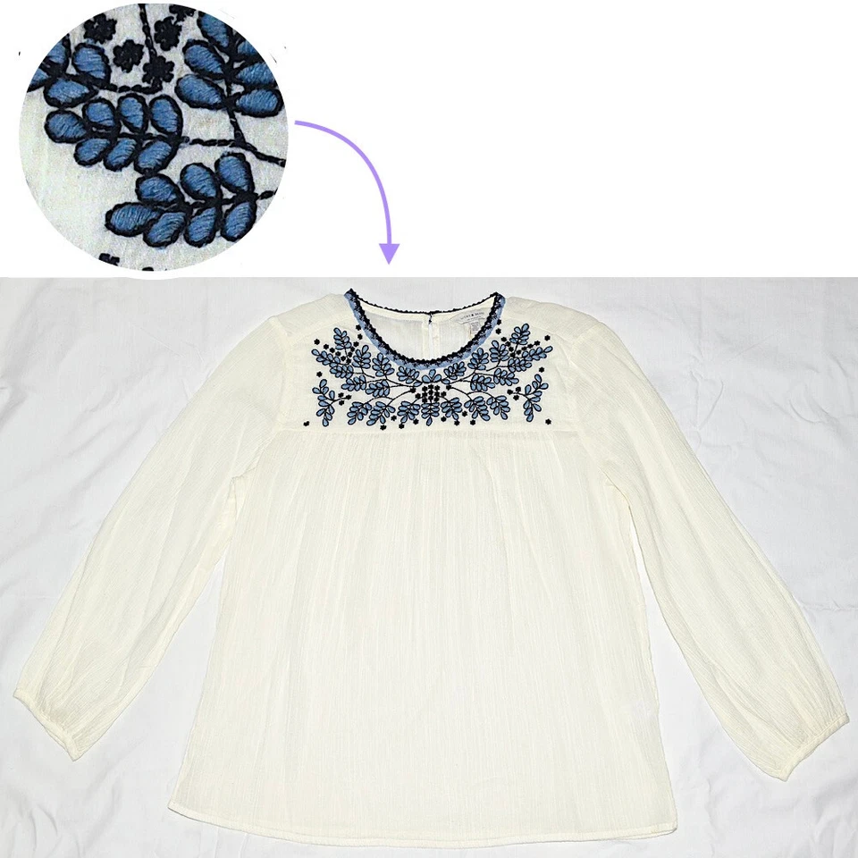 NWT Lucky Brand Boho Plisse Cream Blouse with Embroidery