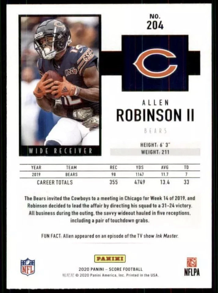 2020 Score Base #204 Allen Robinson II - Chicago Bears - Image 2 of 2