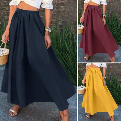 ZANZEA Women Skirt Summer Solid Elastic Waist Dress Oversize Baggy Ladies Beach 