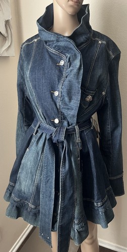 NWT DEREON Vintage Y2K DEADSTOCK Ruffle Denim Belted Trench Coat Jacket sz 2X