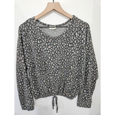 Free Kisses Leopard Print Long Sleeve Cinched Drawstring Hem Knit Top Grey Large