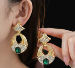 Authentic Clip On Earrings Couture Green Oversized Gold Plated Ritzy Pageant Prom