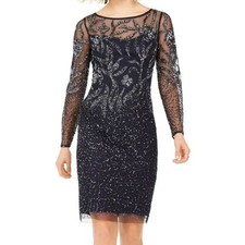 Adrianna Papell Long Sleeve Sequined Beaded Mesh Dress-Midnight Short Size 4