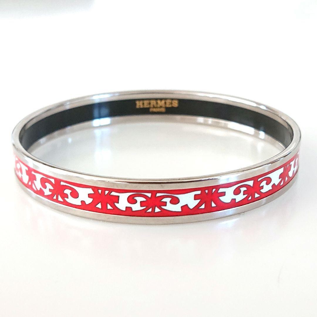 Hermes Enamel Bangle Red Silver Excellent Used No Box 80mm