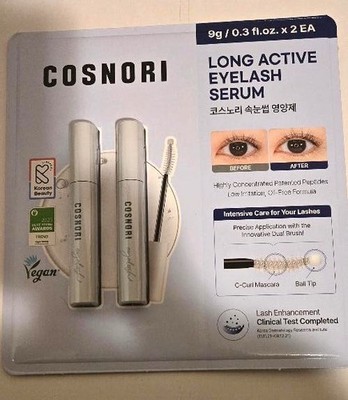 COSNORI Long Active Eyelash Serum Vegan, Korean Lash Growth, Dual Brush 9g x2