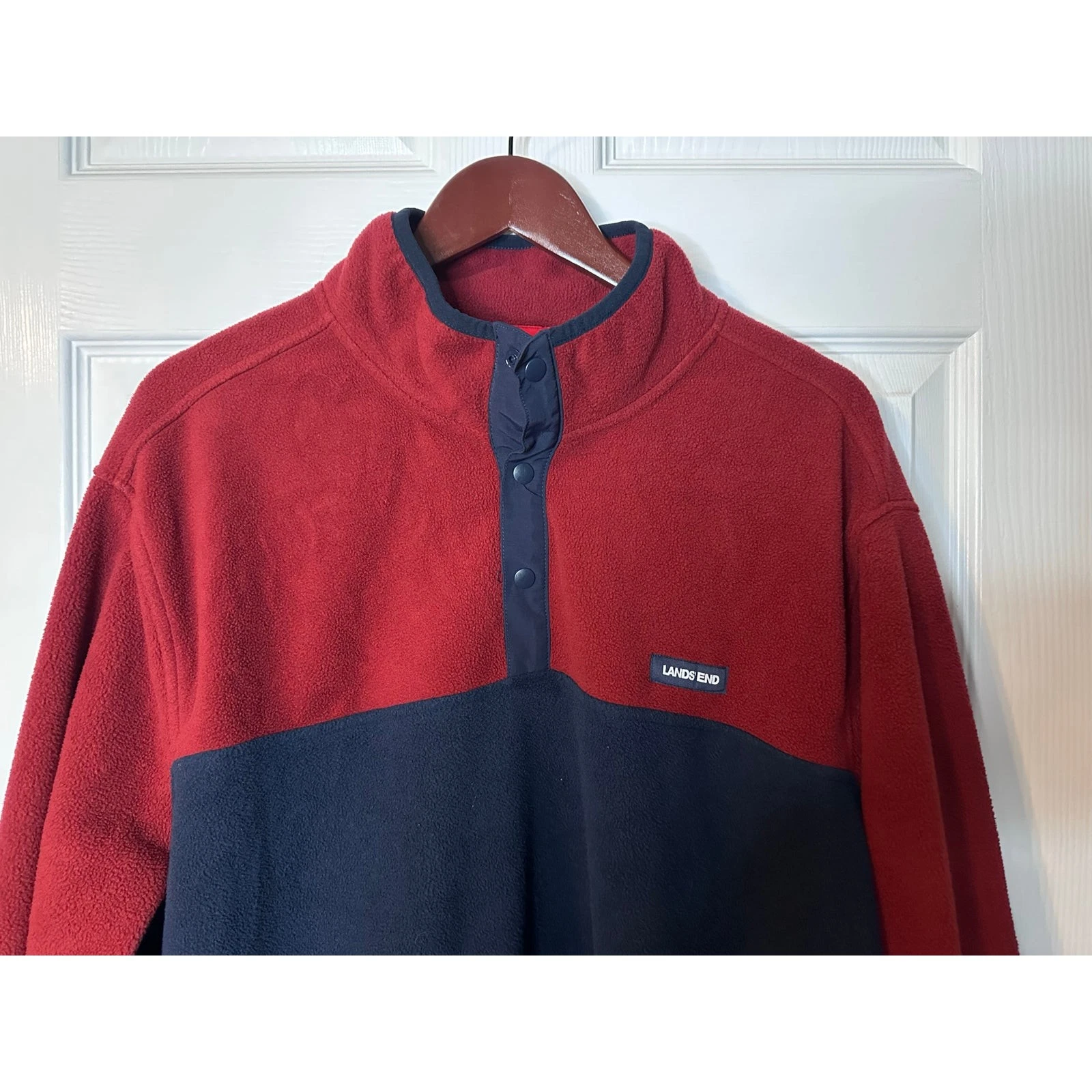 Lands' End men's Heritage Colorblock Red Navy Snap Neck Pullover Fleece XXL image 2