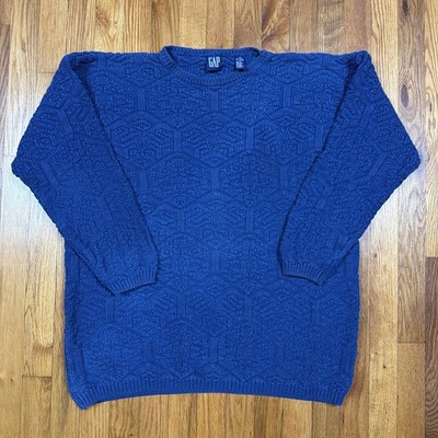 VTG 90s Gap Sweater Mens M Blue Pullover Basketweave Crew Oversized Hong Kong
