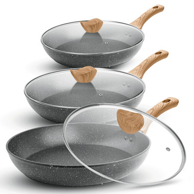 3-Piece Granite Nonstick Fry Pan Set with Lid 8.6/9.4/11'' Aluminum All