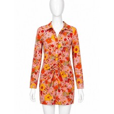 Wild Fable Floral Ruched Shirt Dress Pink Orange Long Sleeve Mini XS