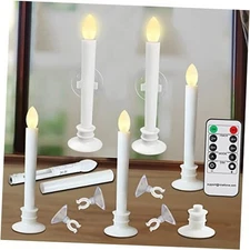 6 Pack Flameless Taper Candles with Remote/Timer & Suction Cup, 6pcs White Base