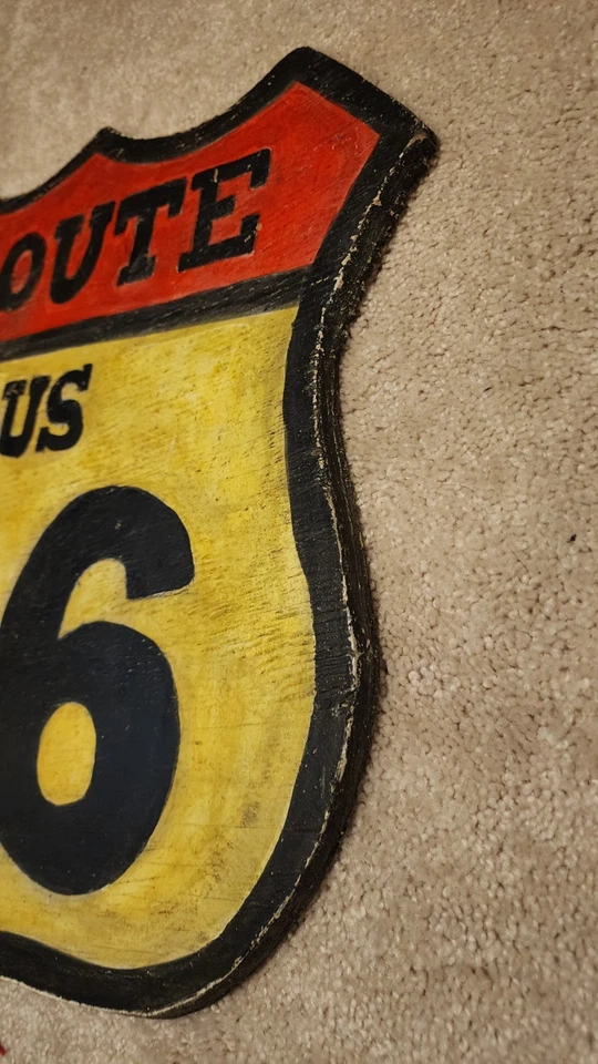 Antique Folk Art Carved Wooden Painted ROUTE 66 Advertising Sign S.F POLK ST ART - Image 4 of 4