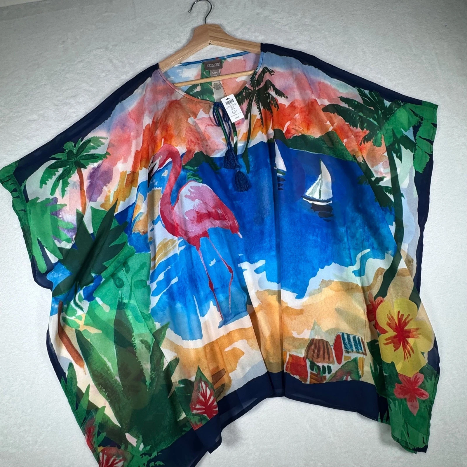 Chicos Flamingo Paradise Mayan Tie Front Poncho Tropical Cover Up Multi S/M NEW