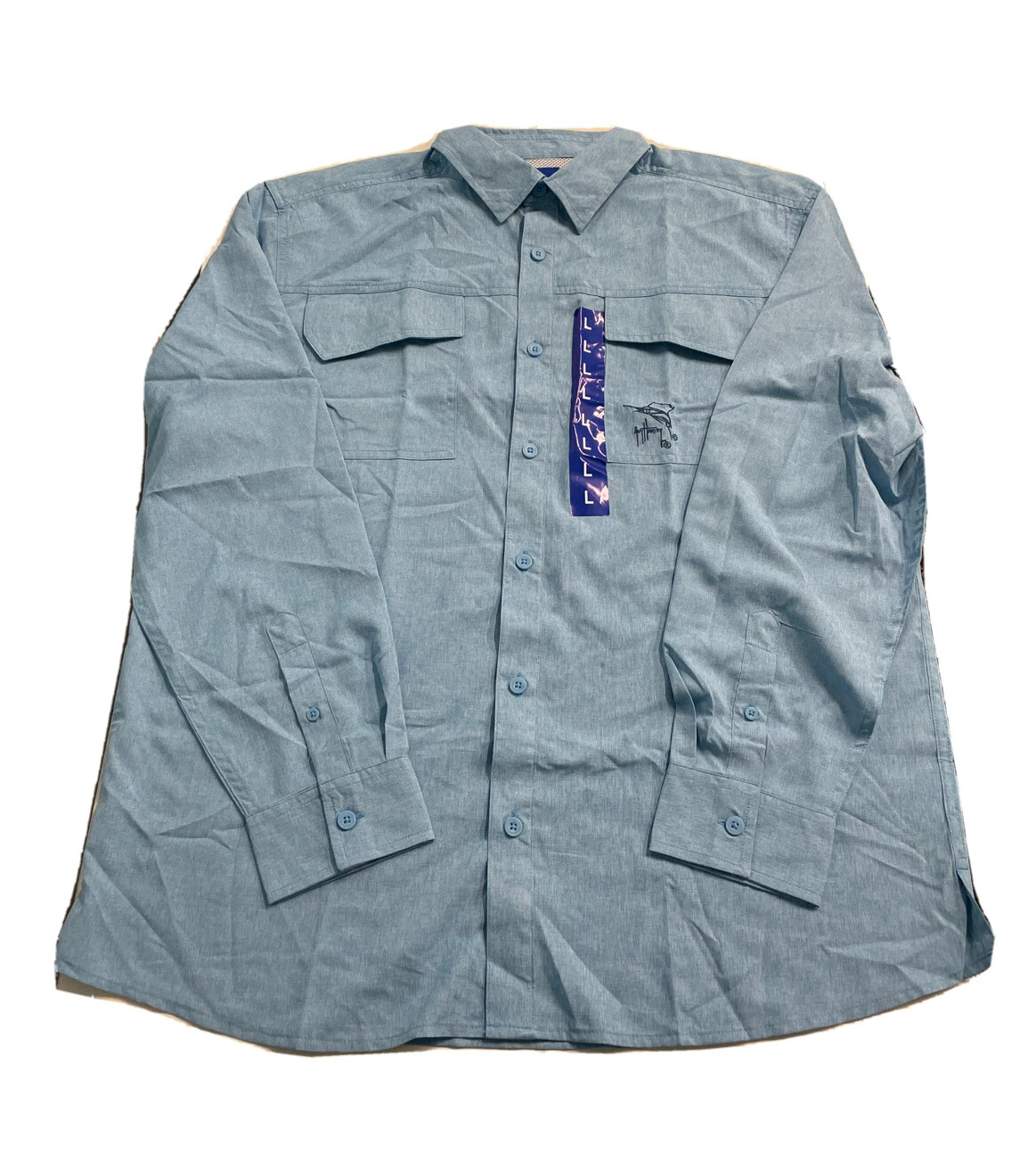 Guy Harvey Large Bonnie Blue NEW -SPILL MARKS- Mens Ventilated Fishing Shirt