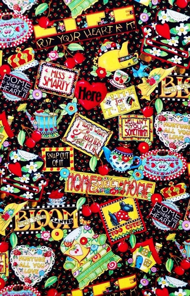 Engelbreit Mottos Black Sayings Fabric Cotton Quilt Home Cherries Scotty  BTHY - Image 4 of 4