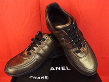 NIB CHANEL G31711 GOLDEN BROWN BLACK FABRIC LEATHER CC LOGO LACE SNEAKERS 40.5