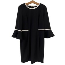 Calvin Klein Knit Sheath Dress Black Bell Sleeve White Trim Womens 12 Ponte Knit