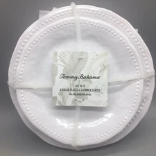 8pc Tommy Bahama Melamine 4 Dinner 4 Salad Plate Set White Wave Dotted Edge NEW