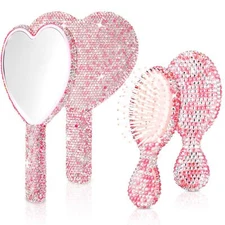 4 Pcs Rhinestone Handheld Mirror and Bling Hair Brush Set 2 Cute Heart Shaped...