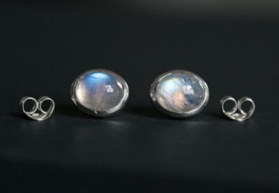 Natural Labradorite Oval Gemstone 925 Sterling Silver Women Simple Stud Earrings