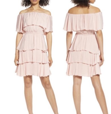 sam edelman pink dress Sam Edelman Womens Pink Tiered Short Off-The-Shoulder Mini Ruffle Dress L