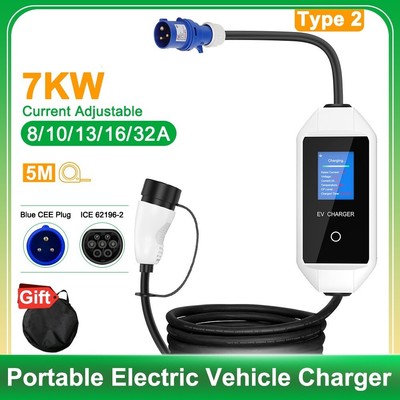Portable Electric Vehicle Charger Type2 Schuko Plug CEE Plug 7KW 32A 5M EV Cable