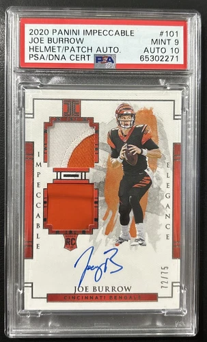 2020 JOE BURROW ROOKIE AUTO IMPECCABLE HELMET PATCH #101 #/75 PSA 9 W/10 POP 2!
