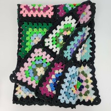Vintage Handmade Granny Square Afghan 41x53" Black Rainbow Blanket Crochet Throw
