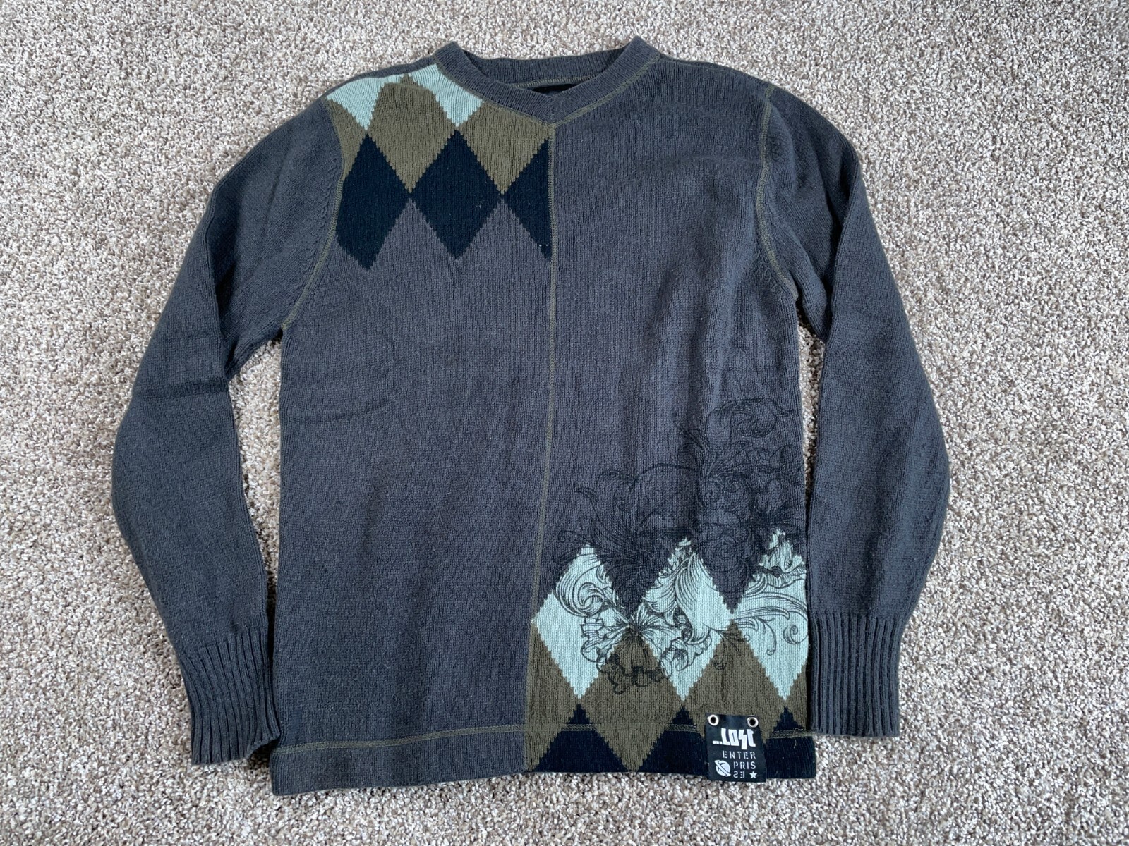 Y2K Lost Enterprise Argyle Floral Pattern Sweater… - image 1