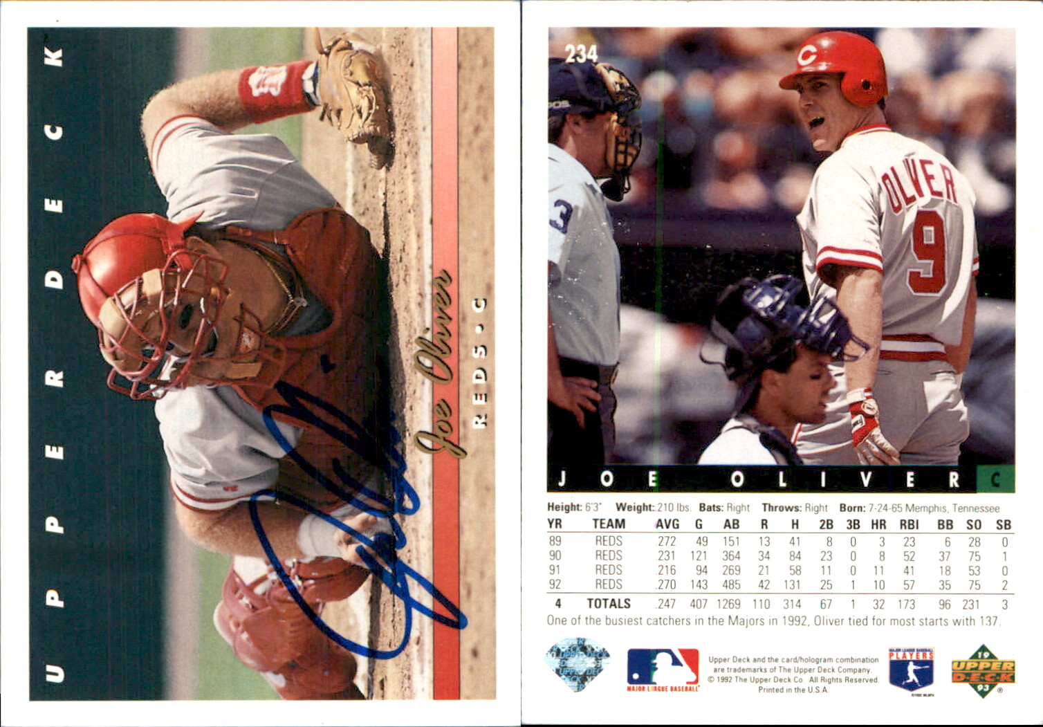 Joe Oliver Signed 1993 Upper Deck #234 Card Cincinnati Reds Auto AU