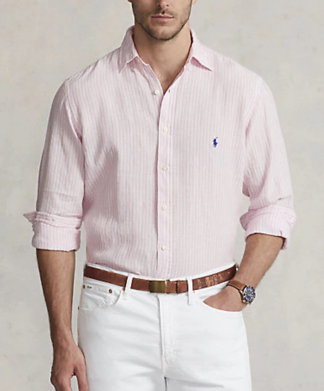 Polo Ralph Lauren Slim-Fit Guaranteed-To-Wrinkle Striped Shirt Rose/White S M L