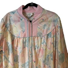 VINTAGE Cinejour Robe Housecoat Floral 1/4 Zip Pullover Long Sleeve USA Large