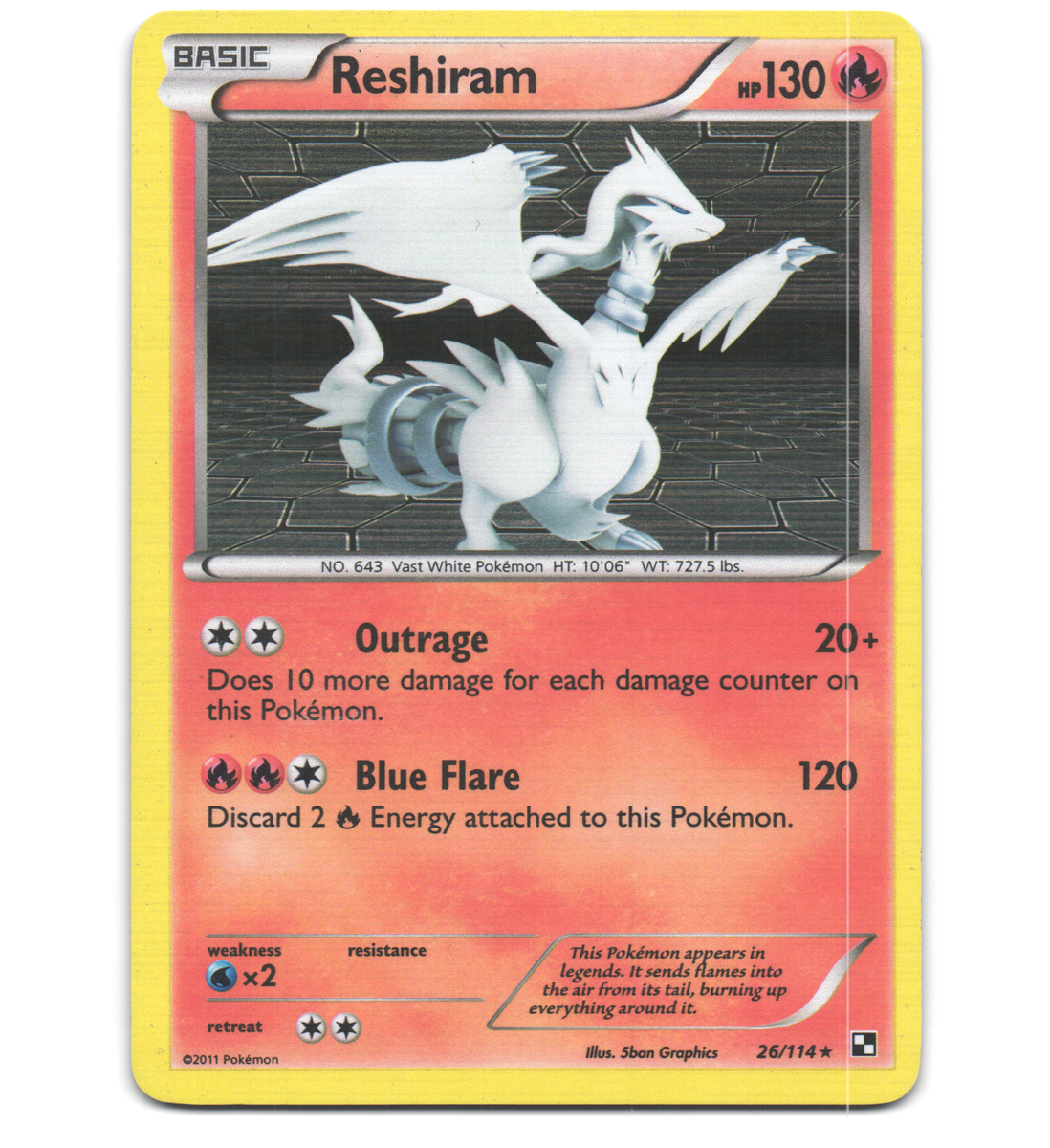 Pokemon 2011 Moderate Play Reshiram Black & White 26/114 Holo Card