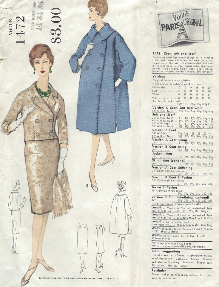 1959 Vintage VOGUE Sewing Pattern B34 SUIT COAT JACKET SKIRT SCARF (1381) Dior - Image 2 of 4
