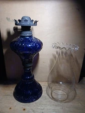 Cobalt Blue Oil Lamp 18" High  No Chips  Missing Wic Factory Defects In Glass