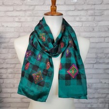 1980s Vintage Silk Scarf Teal Black Check, Pink Paisley Retro Style