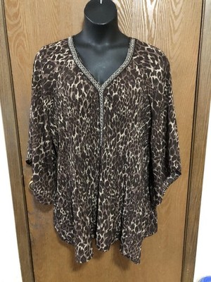 Catherines Brown Leopard Print Crinkle Tunic Beaded Neckline 3X