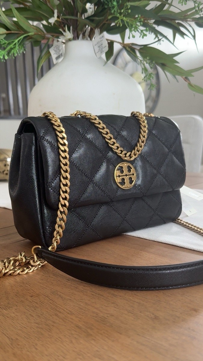 New Tory Burch Willa Black Diamond Quilted With Gold Hardware