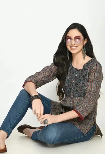 Abito tunica Kurta Kurti top donna indiano multicolore puro cotone stampato... - Foto 4 di 5