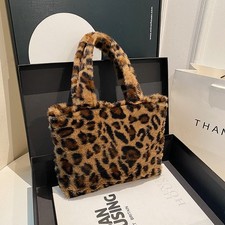 Leopard Print Tote Fuzzy Bag, Stylish Hand Bag Plush, Trendy Tote Bags for Women