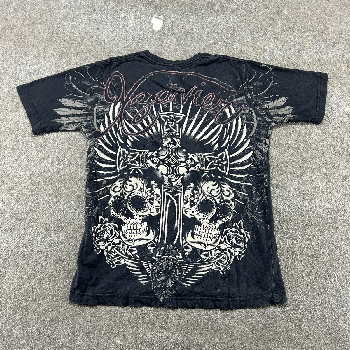 VINTAGE Xzavier Shirt Mens L Black Graphic Wings Skull Rose Goth