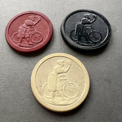 1895 Design Vintage Antique Clay Poker Chips Embossed w/Girl & Bicycle, 3 Colors