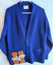 Vintage 60s Cardigan Band School Sweater Jacket Letterman  s Blue Acrylic Size 42