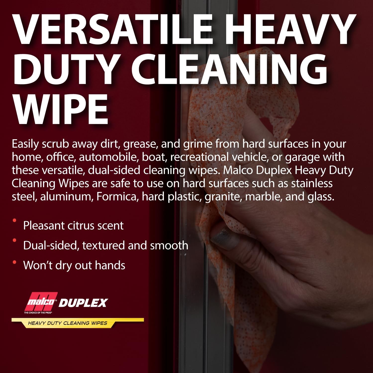 Malco Duplex Heavy Duty Cleaning Wipes for Home and Auto - Dual Sided Textured, 