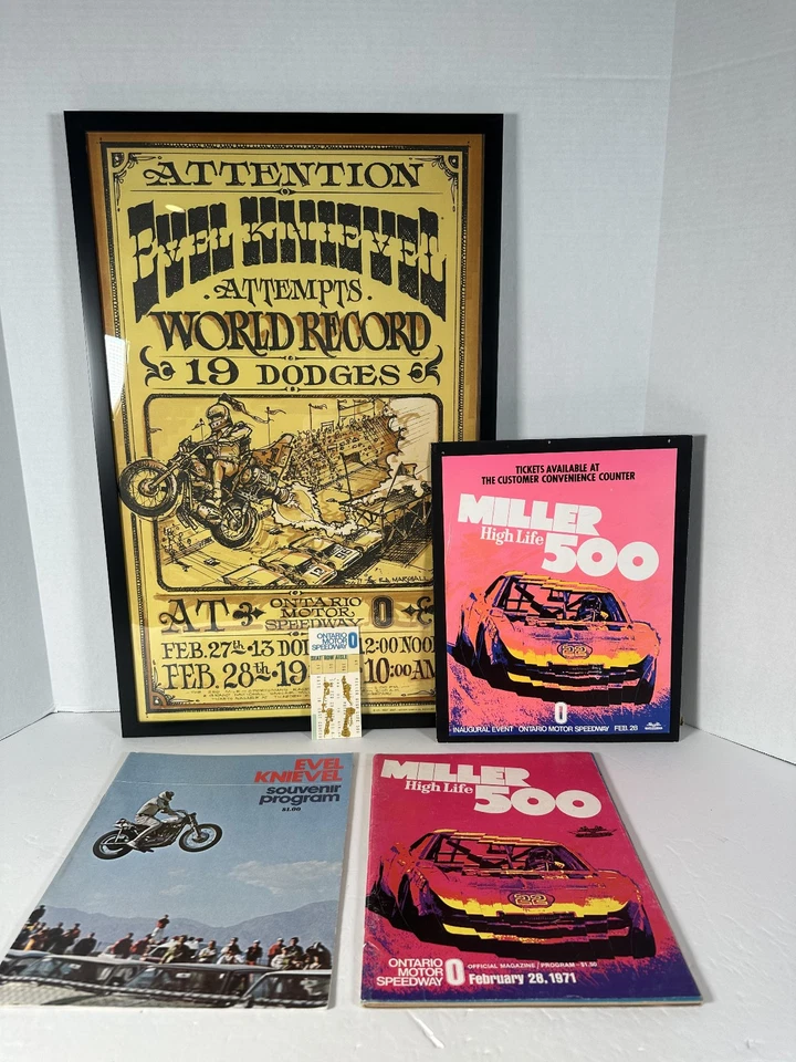¡Lote de carteles, programas y boletos de salto Evel Knievel Ontario! Raro conjunto de pósteres NASCAR Foto 3 de 4