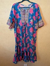 BELLA TU blue pink floral beaded embroidered swim coverup kaftan sz M
