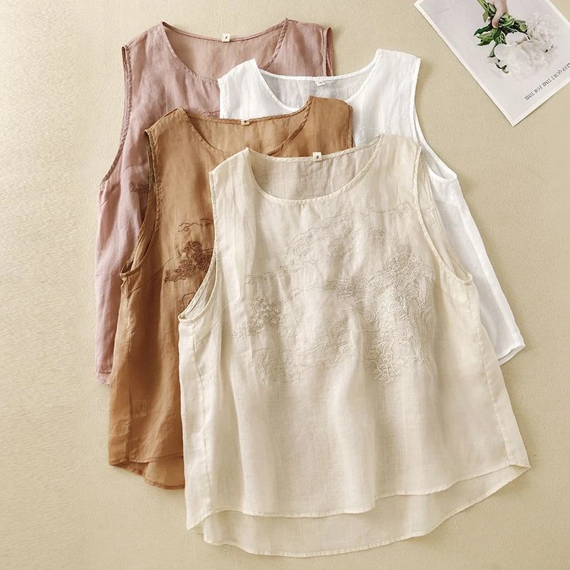 Mujeres Algodón Lino Cuello Redondo Sin Mangas Camisetas sin Mangas Bordado Verano Chaleco Retro Foto 4 de 4